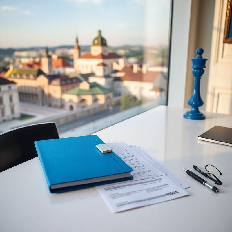 Prehľad služieb Dobrý Atelier — azúrová zložka a finančné dokumenty na pracovnom stole